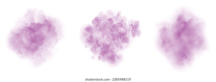 Conjunto de agua de color púrpura abstracta salpicada sobre un fondo blanco. Textura de acuarela vectorial en color azul. Mancha de pincel de tinta. Morado suave de luz. salpicadura violeta de color de agua