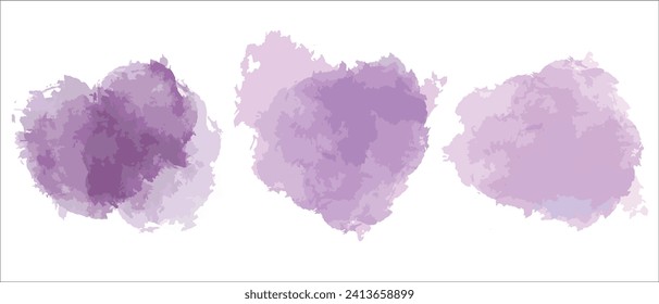 Set of abstract purple watercolor water splash on a white background. Vector watercolour texture color. Ink paint brush stain. Purple soft light blot. Watercolor violet splash