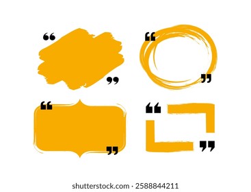 Set of abstract quote frames in yellow with brushstroke effects on white background. Each frame has a different shape, including circular, rectangular, and artistic brush strokes. Vector illustration