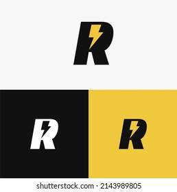 Satz abstrakter R-Buchstaben und Blitz, Donnerbolzen, Energiemlogo-Vorlage mit mehreren Hintergrund