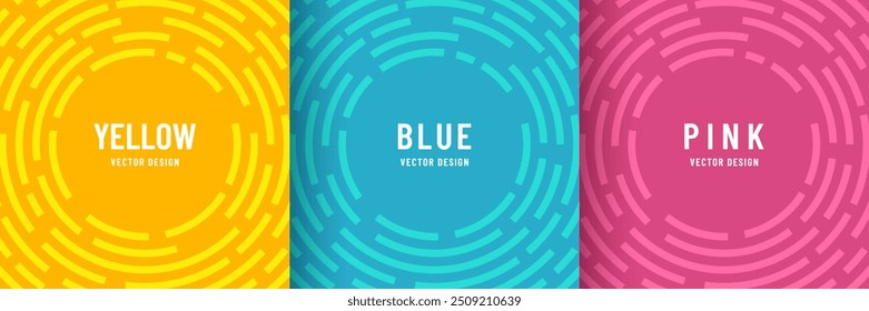 Set of abstract radial circles geometric lines patterns in yellow, blue and pink color. Modern round stipes pastel pattern with copy space. Futuristic technology concept. Simple flat design.