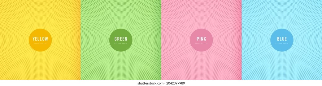 Set Of Abstract Radial Dots Lines Pattern With Pink, Blue, Green, Orange Yellow Background. Trendy Color Circle Halftone Texture Collection. Can Use For Cover, Poster, Banner Web, Flyer, Print Ad.