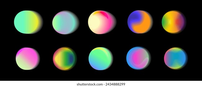 Set of abstract radial gradient blur in shades of purple,green and  blue.Vibrant set of aura glow rounds with a soft  dot neon element.Color holographic round shapes.Watercolor effect mesh.