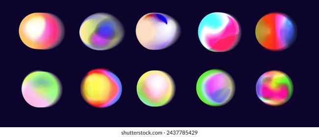 Set of abstract radial gradient blur in shades of purple,green and  blue.Vibrant set of aura glow rounds with a soft  dot neon element.Color holographic round shapes.Watercolor effect mesh.