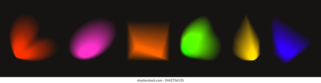 Conjunto de degradado radial abstracto desenfocado.Conjunto vibrante de redondeos de resplandor de aura con un elemento de neón de punto suave.Formas redondeadas holográficas.Colección vectorial de elemento gráfico moderno.