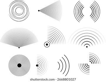 Conjunto de patrones de línea radial Abstractas y Formas geométricas | Elementos de diseño para la señal, onda de sonido, radar, Tecnología o fondos gráficos