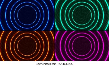 Set of abstract radial motion lines circles blue, green, pink, red colors glowing neon luminous lighting effect bright energy rays with dots particles on dark background. Vector illustration