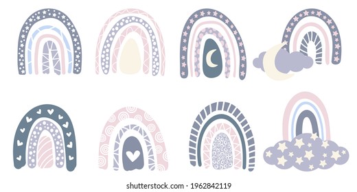 Set of abstract rainbow doodle Nordic style decor on white background