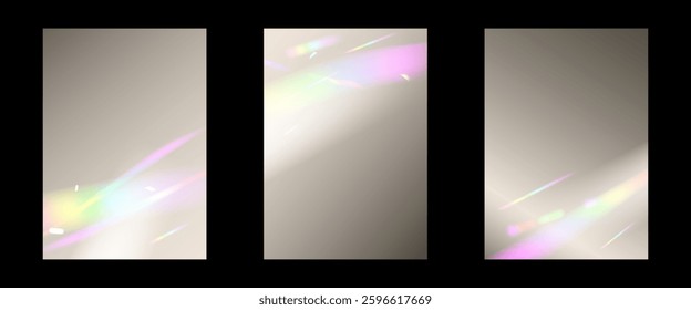 Set of abstract rainbow gradient templates sun catcher reflection prism. Diamond rays refraction. Bright flash. Vector illustration.