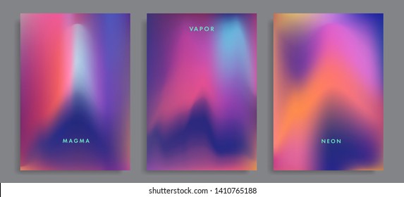 Set of abstract rainbow holographic minimal vector backgrounds. Collection of retro futuristic poster template for music event with neon vibrant blurs in retrowave/ vaporwave/ synthwave 80s-90s style.