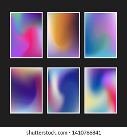 Set of abstract rainbow holographic minimal vector backgrounds. Collection of retrofuturistic poster template for music event with neon vibrant blurs in retrowave/ vaporwave/ synthwave 80s-90s style.