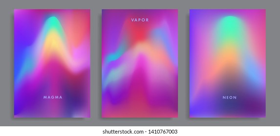 Set of abstract rainbow holographic minimal vector backgrounds. Collection of retrofuturistic poster template for music event with neon vibrant blurs in retrowave/ vaporwave/ synthwave 80s-90s style.