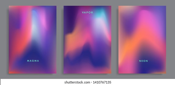 Set of abstract rainbow holographic minimal vector backgrounds. Collection of retrofuturistic poster template for music event with neon vibrant blurs in retrowave/ vaporwave/ synthwave 80s-90s style.