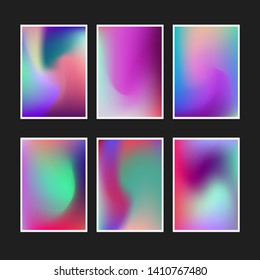 Set of abstract rainbow holographic minimal vector backgrounds. Collection of retrofuturistic poster template for music event with neon vibrant blurs in retrowave/ vaporwave/ synthwave 80s-90s style.