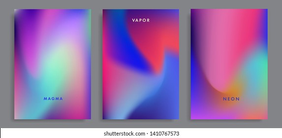 Set of abstract rainbow holographic minimal vector backgrounds. Collection of retrofuturistic poster template for music event with neon vibrant blurs in retrowave/ vaporwave/ synthwave 80s-90s style.