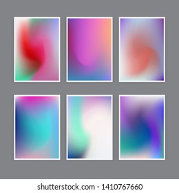 Set of abstract rainbow holographic minimal vector backgrounds. Collection of retrofuturistic poster template for music event with neon vibrant blurs in retrowave/ vaporwave/ synthwave 80s-90s style.