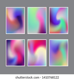 Set of abstract rainbow holographic minimal vector backgrounds. Collection of retro futuristic poster template for music event with neon vibrant blurs in retrowave/ vaporwave/ synthwave 80s-90s style.