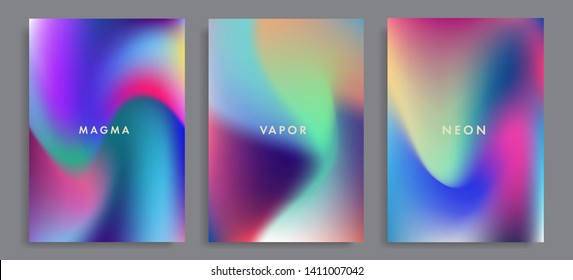 Set of abstract rainbow holographic minimal vector backgrounds. Collection of retrofuturistic poster template for music event with neon vibrant blurs in retrowave/ vaporwave/ synthwave 80s-90s style.