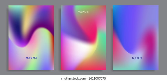 Set of abstract rainbow holographic minimal vector backgrounds. Collection of retrofuturistic poster template for music event with neon vibrant blurs in retrowave/ vaporwave/ synthwave 80s-90s style.