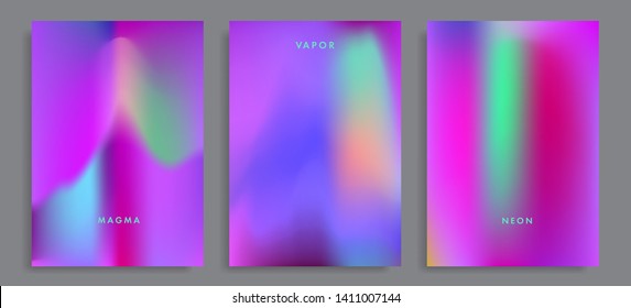 Set of abstract rainbow holographic minimal vector backgrounds. Collection of retrofuturistic poster template for music event with neon vibrant blurs in retrowave/ vaporwave/ synthwave 80s-90s style.