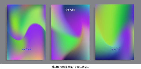 Set of abstract rainbow holographic minimal vector backgrounds. Collection of retrofuturistic poster template for music event with neon vibrant blurs in retrowave/ vaporwave/ synthwave 80s-90s style.