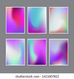 Set of abstract rainbow holographic minimal vector backgrounds. Collection of retrofuturistic poster template for music event with neon vibrant blurs in retrowave/ vaporwave/ synthwave 80s-90s style.