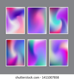 Set of abstract rainbow holographic minimal vector backgrounds. Collection of retrofuturistic poster template for music event with neon vibrant blurs in retrowave/ vaporwave/ synthwave 80s-90s style.