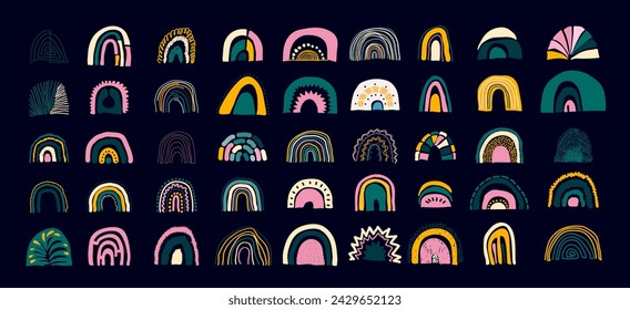 Conjunto de arco iris abstracto. Arcos iris dibujados a mano modernos en estilo escandinavo minimalista. Boceto de niño. Arco iris en diferentes formas. Vector de tendencia para el diseño, banner, cartel, tarjeta.