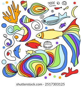 Conjunto de elementos abstratos do vetor de fantasia subaquática do arco-íris com peixes de conto de fadas, concha. Ilustração vetorial de rabiscar multicolorido.