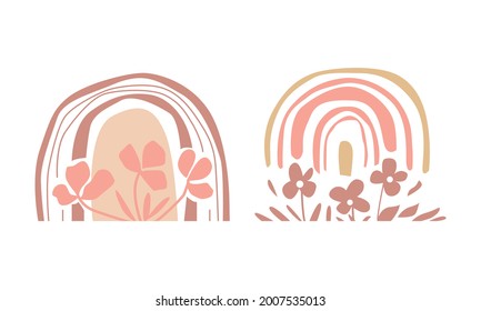 Set of abstract rainbows with flowers. Minimalism. Boho. Modern background for book cover, page template, print, card, brochure, magazine, poster. Vector