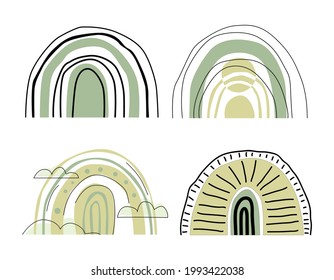 Set of abstract rainbows in green bed shades. Modern bohemian minimalist style. Boho. For children's room wall decor, print poster for children, t-shirt design. Vector