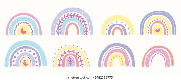Set of abstract rainbows. Vector illustration in pastel colors. Texture for print, textile, fabric, packaging.