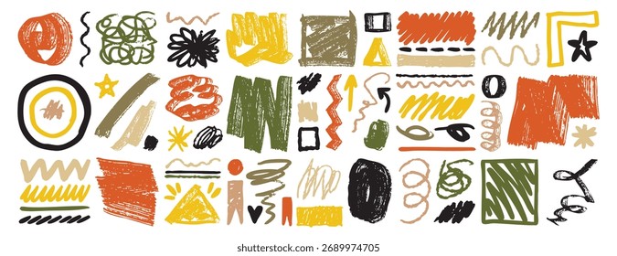 definir traçados de pincel aleatórios abstratos de diferentes formas de pincel. Grunge traços, linhas e pincéis. Movimento desenhado à mão livre, tremendo coleção de elementos de textura. Ilustração vetorial.