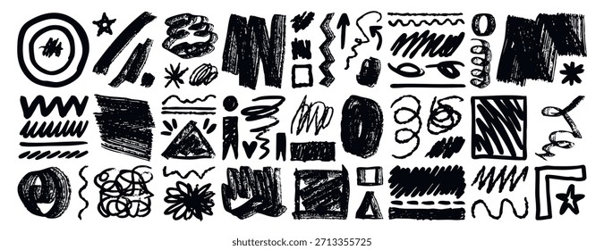 definir traçados de pincel aleatórios abstratos de diferentes formas de pincel. Grunge traços, linhas e pincéis. Movimento desenhado à mão livre, tremendo coleção de elementos de textura. Ilustração vetorial.