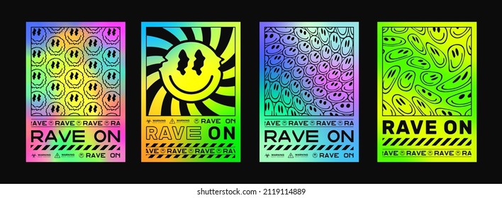 Set Of Abstract Rave On Psychedelic Posters. Cool Colorful Rainbow Acid Art. 