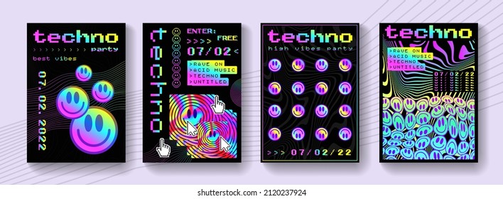 Set Of Abstract Rave Psychedelic Posters. Cool Colorful Rainbow Acid Art. 