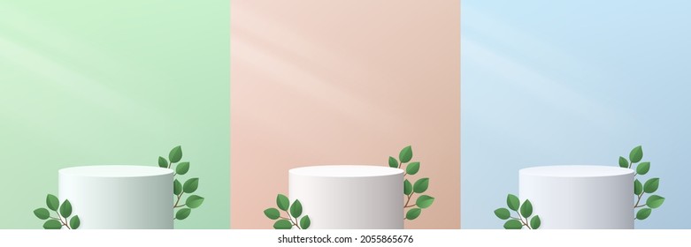 Set of abstract realistic 3D white cylinder pedestal podium with green leaf on green, beige and blue wall scene. Modern vector rendering geometric platform for cosmetic product display presentation. 