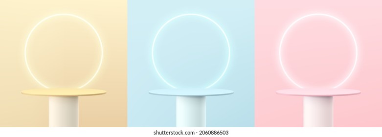 Set of abstract realistic 3d white shelf or stand podium on yellow, blue and pink wall scene with glow neon ring background. Vector rendering geometric shape for cosmetic product display presentation.