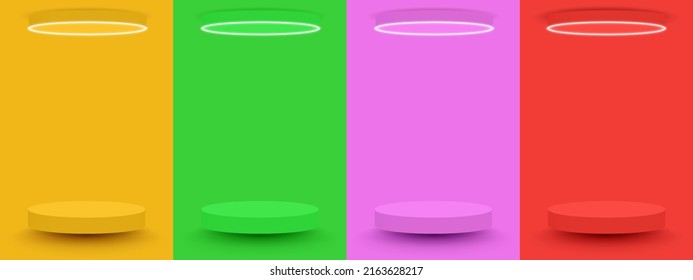 Conjunto de estante blanco 3d abstracto y realista o podio sobre la escena de pared amarilla, azul y rosa con fondo de anillo de neón brillante. Forma geométrica de representación vectorial para presentación de productos cosméticos.