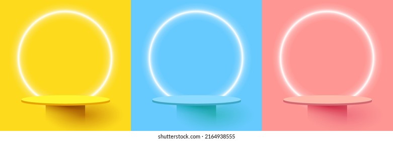 Conjunto de estante blanco 3d abstracto y realista o podio sobre la escena de pared amarilla, azul y rosa con fondo de anillo de neón brillante. Forma geométrica de representación vectorial para presentación de productos cosméticos.