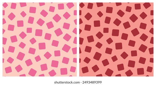 Set of abstract rectangle seamless repeat pattern. Random placed, vector geometric shapes aop, all over surface print on pink and coral backgrounds.