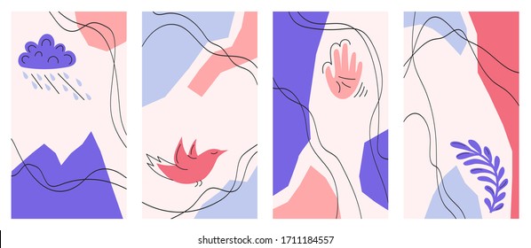 A set of abstract rectangular backgrounds. Hand-drawn illustrations. Templates for social networks. Modern fashion vector illustrations. Each illustration is isolated. Pastel color