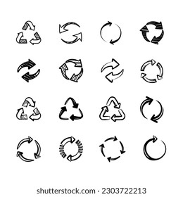 set of abstract recycle symbol vector, hand drawn recycle icon collection