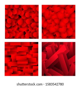 Set of abstract red backgrounds .Vector background of geometric shapes.set of banners from circles and squares.Red hearts .