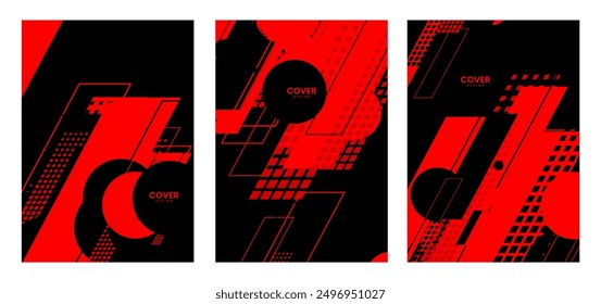 set of abstract red and black banners with geometric shapes