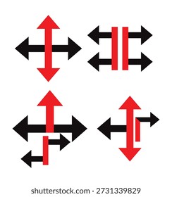 Conjunto de setas direcionais abstratas em vermelho e preto, ponteiros geométricos de navegação multivia e símbolos modernos de descoberta de caminhos de interseção para negócios e design na Web.