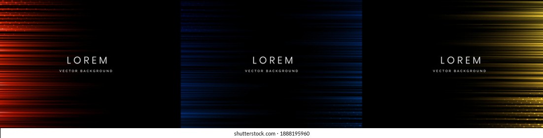 Set of abstract red, blue, yellow, stripe horizontal lines light on black background. Technology concept. Vector illustration 