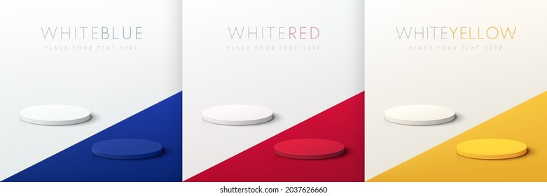 Set of abstract red, blue, yellow and white 3D cylinder pedestal podium on contrast floor background. Vector rendering minimal geometric platform collection design for product display presentation.