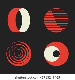 Conjunto de símbolos abstractos de círculo rojo y crema sobre fondo oscuro. Formas geométricas mínimas con rayas, anillos y formas similares a los ojos para la marca moderna, carteles o diseño digital.