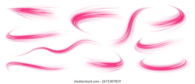 Set of abstract red glowing swirls and speed stripes with fiery glow. Vector illustration in PNG format on white background. Futuristic glowing neon effects.	
